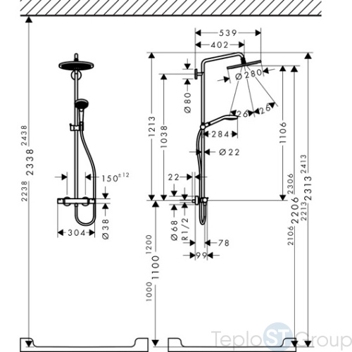 Душевая стойка Hansgrohe Croma Select S 26790000, Showerpipe 280 1jet с термостатом - купить оптом у дилера TeploSTGroup по всей России ✅ ☎ 8 (800) 600-96-13 фото 3