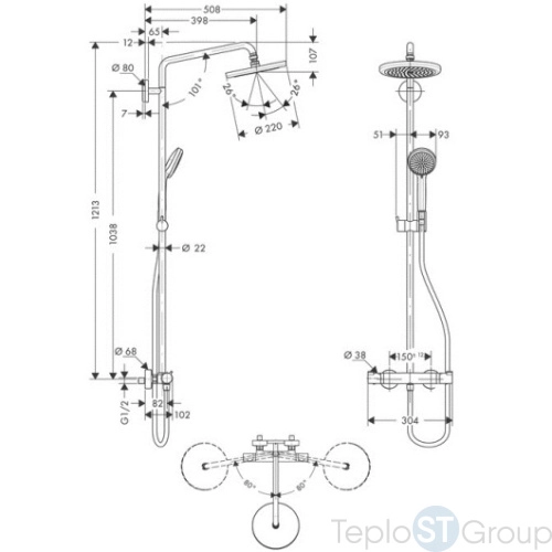 Душевая стойка Hansgrohe Croma 27185000 220 Air 1jet Showerpipe, поворотный держатель 400 мм, ½’ - купить с доставкой по России фото 5