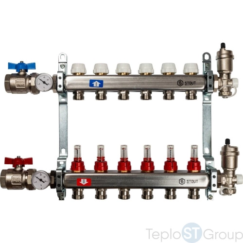 Stout Коллектор из нержавеющей стали в сборе с расходомерами 6 вых. - купить оптом у дилера TeploSTGroup по всей России ✅ ☎ 8 (800) 600-96-13