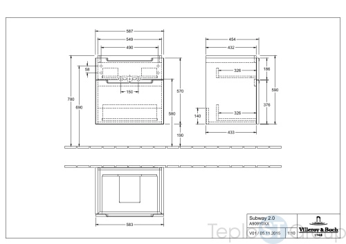 Тумба под раковину Villeroy & Boch Subway 2.0 587 x 590 x 454 mm A90900FP 2 выдвижных ящика, Glossy Grey - купить с доставкой по России фото 2