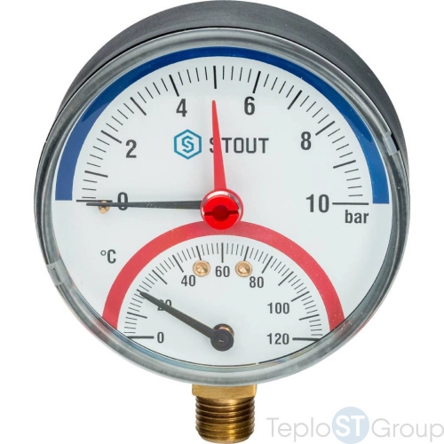 Stout SIM-0006 Термоманометр радиальный в комплекте с автоматическим запорным клапаном. Корпус Dn 80 мм 1/2", 0...120°C, 0-10 бар. - купить с доставкой по России фото 2