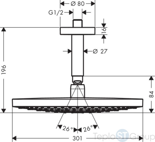 Верхний душ Hansgrohe Raindance Select S 300 2jet 27337000 с потолочным подсоединением, хром - купить оптом у дилера TeploSTGroup по всей России ✅ ☎ 8 (800) 600-96-13 фото 3