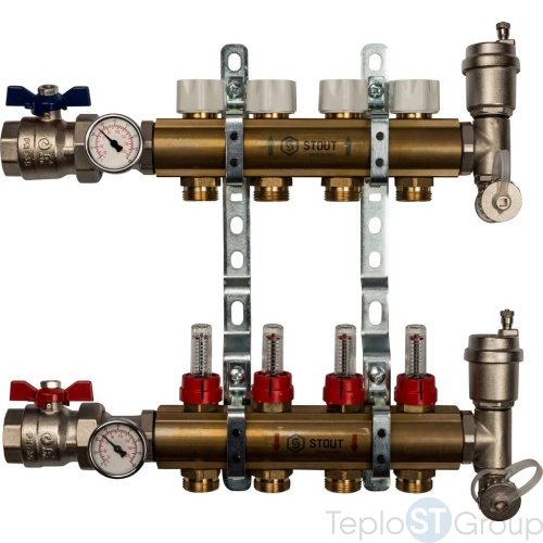 Stout Распределительный коллектор из латуни с расходомерами 4 вых. - купить с доставкой по России