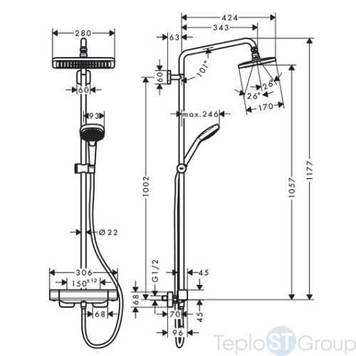 Душевая система Hansgrohe Croma E Showerpipe 280 1jet 27630000 хром - купить оптом у дилера TeploSTGroup по всей России ✅ ☎ 8 (800) 600-96-13 фото 5