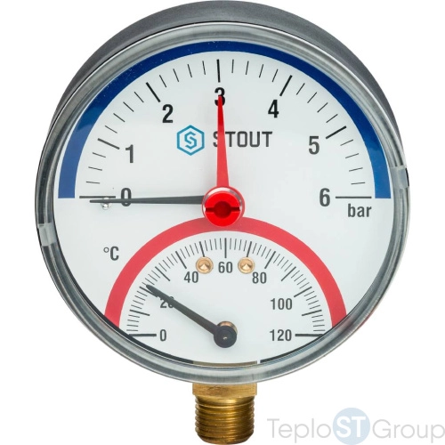 Stout SIM-0006 Термоманометр радиальный в комплекте с автоматическим запорным клапаном. Корпус Dn 80 мм 1/2", 0...120°C, 0-6 бар. - купить с доставкой по России фото 2