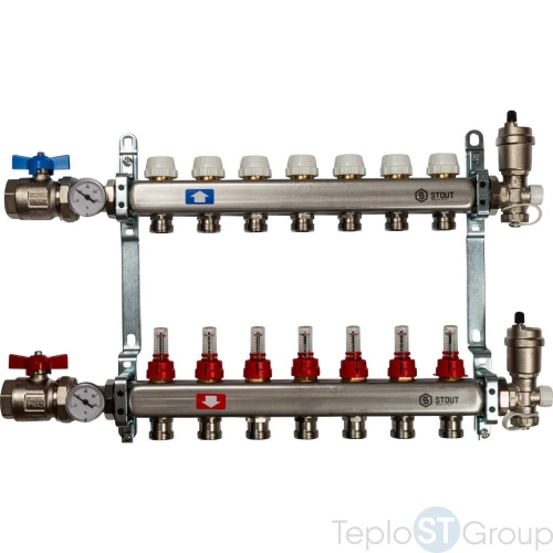 Stout Коллектор из нержавеющей стали в сборе с расходомерами 7 вых. - купить оптом у дилера TeploSTGroup по всей России ✅ ☎ 8 (800) 600-96-13