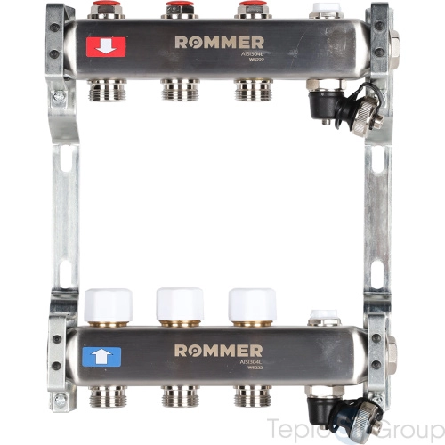 Rommer RMS-3201-000003 Rommer Коллектор из нержавеющей стали без расходомеров, с клапаном вып. воздуха и сливом 3 вых. - купить с доставкой по России