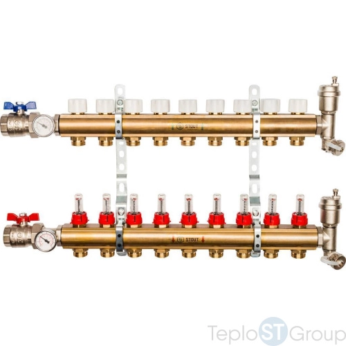 Stout Распределительный коллектор из латуни с расходомерами 9 вых. - купить оптом у дилера TeploSTGroup по всей России ✅ ☎ 8 (800) 600-96-13