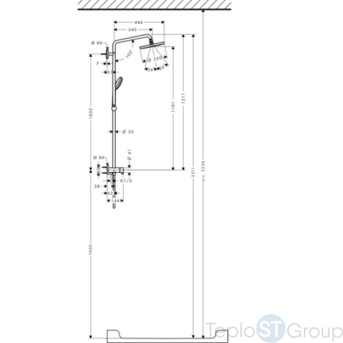 Душевая система Hansgrohe Croma 220 Showerpipe Reno 27224000 поворотный держатель 400 мм, ½’ - купить с доставкой по России фото 4