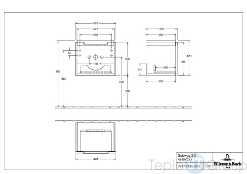 Тумба под раковину Villeroy & Boch Subway 2.0 485 x 420 x 379 mm A68500FP 1 выдвижной ящик, Glossy Grey - купить с доставкой по России фото 2