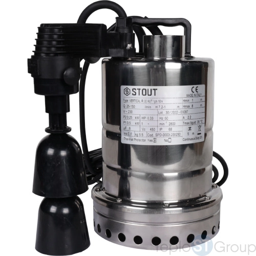 Stout SPD-0003-200250 Насос дренажный, с вертикальным поплавком, кабель 10 м, 230V, Q=150 л/мин, H=7,2 - купить с доставкой по России