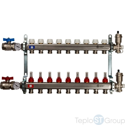 Stout Коллектор из нержавеющей стали в сборе с расходомерами 9 вых. - купить с доставкой по России