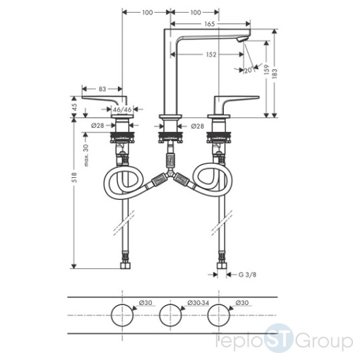 Смеситель для раковины Hansgrohe Metropol 160, на 3 отв. Push-Open (32515000) - купить с доставкой по России фото 3