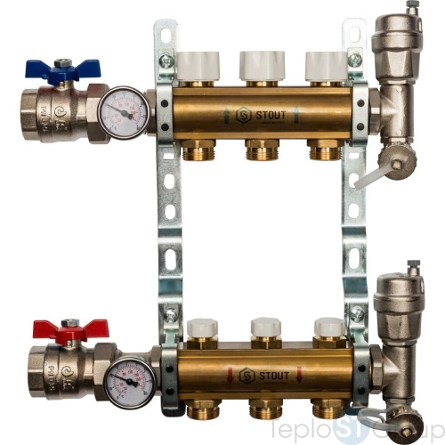 Stout Распределительный коллектор из латуни без расходомеров 3 вых. - купить оптом у дилера TeploSTGroup по всей России ✅ ☎ 8 (800) 600-96-13