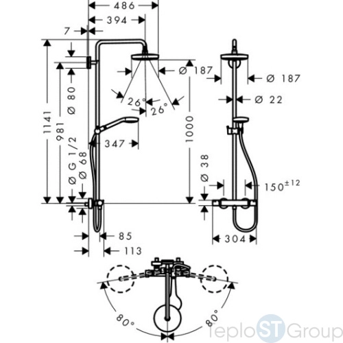 Душевая стойка Hansgrohe Croma Select S 27253400, Showerpipe 180 2jet с термостатом, белый/хром - купить с доставкой по России фото 5