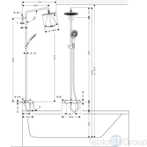 Душевая система для ванны Hansgrohe Raindance Select S240 Showerpipe 27117000 - купить с доставкой по России фото 3