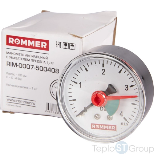 Rommer RIM RIM-0007-500408 Rommer Манометр аксиальный с указателем предела. Корпус Dn 50 мм 1/4", 0...4 бар, кл.2.5 - купить оптом у дилера TeploSTGroup по всей России ✅ ☎ 8 (800) 600-96-13 фото 3