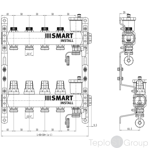 Комплект коллекторов Smart Install с балансировочными и термостат. клапанами 1"х3/4"ЕК-2 вых. - купить оптом у дилера TeploSTGroup по всей России ✅ ☎ 8 (800) 600-96-13 фото 3