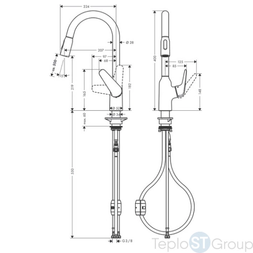 Смеситель для кухни Hansgrohe Focus M42 с вытяжным изливом сталь (71800800) - купить с доставкой по России фото 3