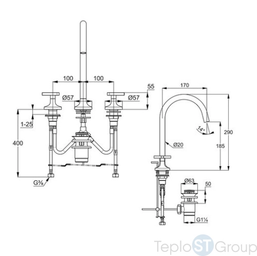 Смеситель KLUDI NOVA FONTE Déco 201430539 для раковины на три отверстия двухвентильный - купить с доставкой по России фото 2