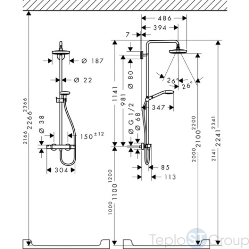 Душевая стойка Hansgrohe Croma Select S 27253400, Showerpipe 180 2jet с термостатом, белый/хром - купить с доставкой по России фото 4