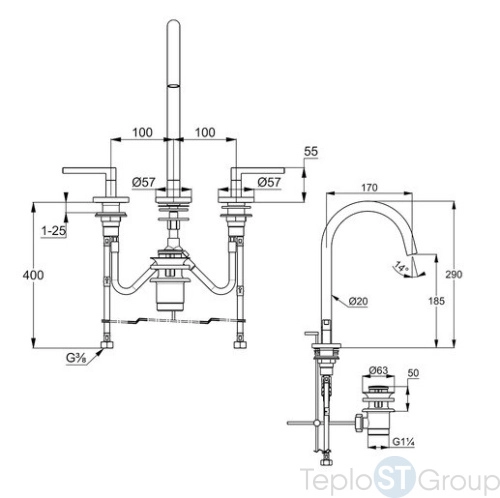 Смеситель KLUDI NOVA FONTE Puristic 201430515 для раковины на три отверстия двухвентильный - купить с доставкой по России фото 2