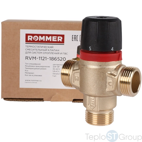 Rommer RVM-1121-186520 Термостатический смесительный клапан для систем отопления и ГВС 3/4  НР 30-65°С KV 1,8 (центральное смешивание) - купить с доставкой по России фото 3