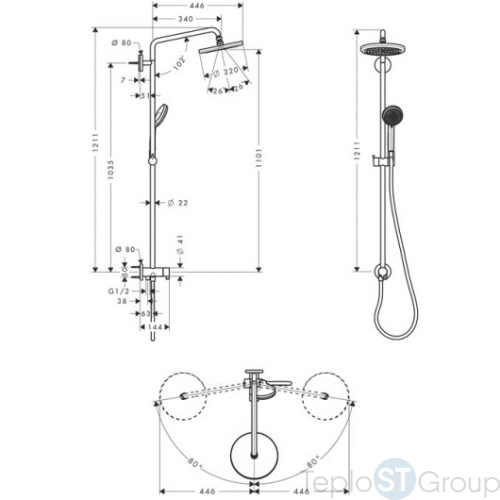 Душевая система Hansgrohe Croma 220 Showerpipe Reno 27224000 поворотный держатель 400 мм, ½’ - купить с доставкой по России фото 5