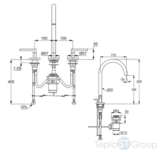 Смеситель KLUDI NOVA FONTE Puristic 201433915 для раковины на три отверстия двухвентильный - купить с доставкой по России фото 2