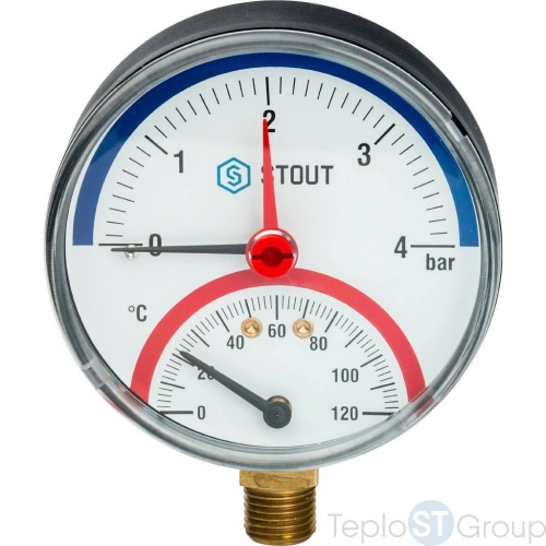 Stout SIM-0006 Термоманометр радиальный в комплекте с автоматическим запорным клапаном. Корпус Dn 80 мм 1/2", 0...120°C, 0-4 бар. - купить с доставкой по России фото 2
