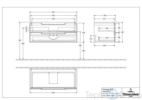 Тумба под раковину Villeroy & Boch Subway 2.0 987 x 420 x 449 mm A69000DH 2 выдвижных ящика,  Glossy White - купить с доставкой по России фото 2