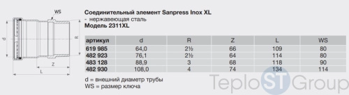 Муфта пресс-Н нержавеющая сталь Sanpress Inox XL со стопорным кольцом VIEGA 64х2"1/2 (619985) - купить с доставкой по России фото 2