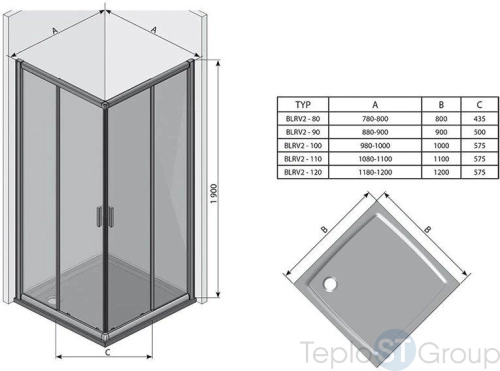 Душевая дверь для уголка Ravak Blix BLRV2K-80 1XV40C00Z1 80х80х190 профиль блестящий/стекло Transparent - купить с доставкой по России фото 3