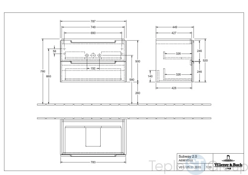 Тумба под раковину Villeroy & Boch Subway 2.0 787 x 520 x 449 mm A69600DH 2 выдвижных ящика, Glossy White - купить с доставкой по России фото 2