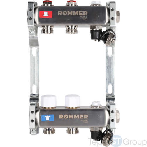 Rommer RMS-3201-000002 Rommer Коллектор из нержавеющей стали без расходомеров, с клапаном вып. воздуха и сливом 2 вых. - купить оптом с доставкой по России
