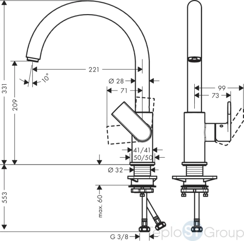 Кухонный смеситель 260 однорычажный с поворотным изливом Hansgrohe Vernis Shape M35 71871000 хром - купить с доставкой по России фото 2