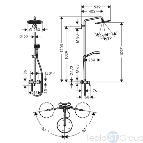 Душевая стойка Hansgrohe Croma Select S 26791000, 280 1jet с однорычажным смесителем, хром - купить с доставкой по России фото 5