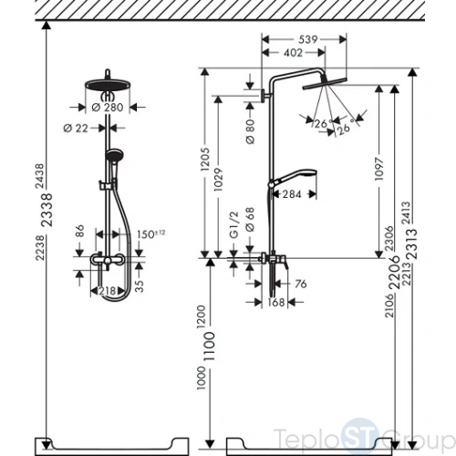 Душевая стойка Hansgrohe Croma Select S 26791000, 280 1jet с однорычажным смесителем, хром - купить с доставкой по России фото 3