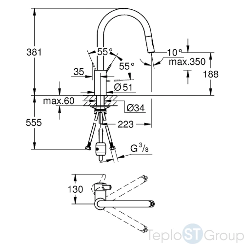 Смеситель для кухни GROHE Eurosmart Cosmopolitan 31481001 высокий излив, хром - купить с доставкой по России фото 3