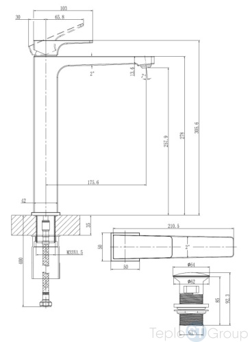 Смеситель для раковины Villeroy&Boch Architectura Square TVW125002000K5 черный матовый, с донным клапаном фото 2