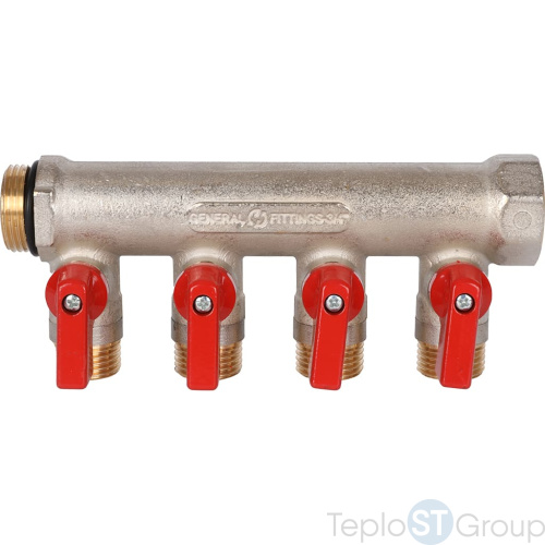Stout SMB 6210 341204 Stout Коллектор с шаровыми кранами 3/4 , 4 отвода 1/2 (красные ручки) - купить оптом с доставкой по России фото 2