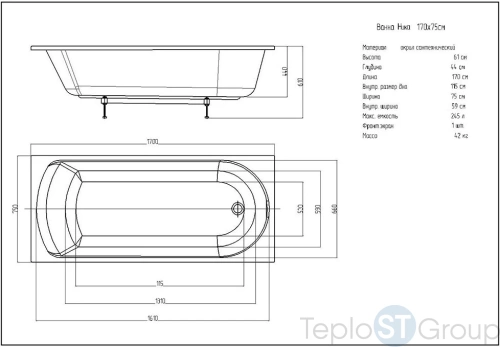Акриловая ванна Aquatek Ника 170x75 NIK170-0000001 без гидромассажа - купить оптом у дилера TeploSTGroup по всей России ✅ ☎ 8 (800) 600-96-13 фото 3