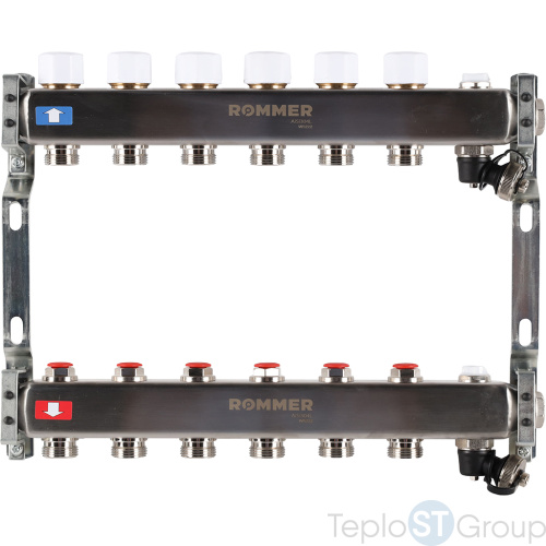 Rommer RMS-3201-000006 Rommer Коллектор из нержавеющей стали без расходомеров, с клапаном вып. воздуха и сливом 6 вых. - купить оптом с доставкой по России