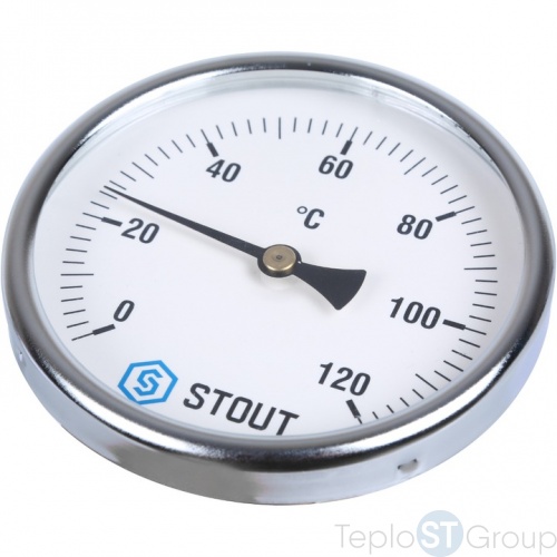 Термометр биметаллический с погружной гильзой. Корпус Dn 80 мм, гильза 100 мм 1/2", 0...120°С STOUT SIM-0001 фото 3