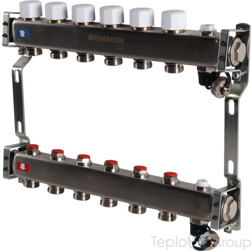 Rommer RMS-3201-000006 Rommer Коллектор из нержавеющей стали без расходомеров, с клапаном вып. воздуха и сливом 6 вых. - купить оптом с доставкой по России фото 2