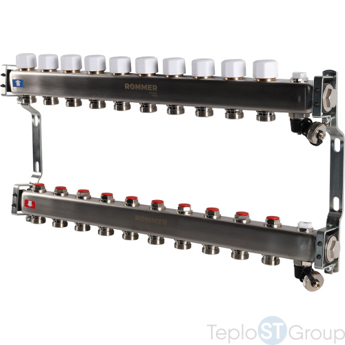 Rommer RMS-3201-000010 Rommer Коллектор из нержавеющей стали без расходомеров, с клапаном вып. воздуха и сливом 10 вых. - купить с доставкой по России фото 2