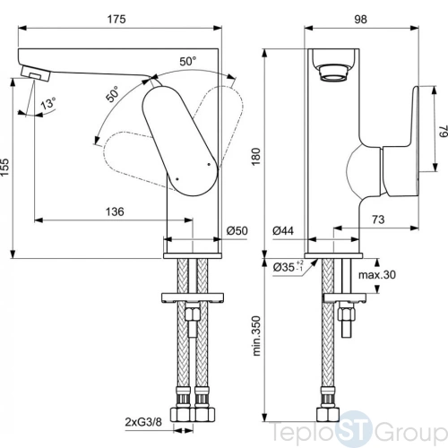 Смеситель для раковины Ideal Standard Cerafine О BC555AA рукоятка сбоку - купить с доставкой по России фото 3