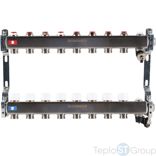Rommer RMS-3201-000008 Rommer Коллектор из нержавеющей стали без расходомеров, с клапаном вып. воздуха и сливом 8 вых. - купить оптом с доставкой по России