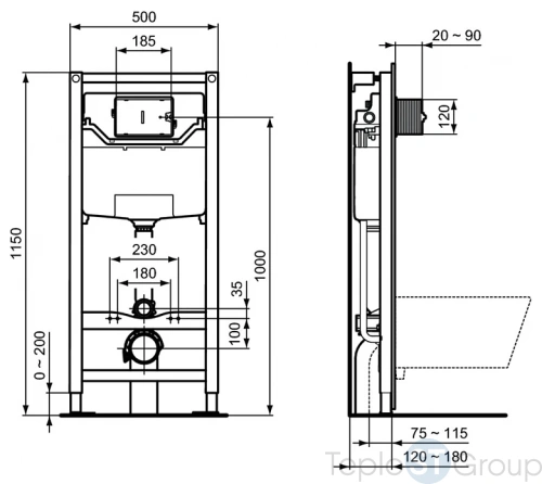 Комплект унитаз с инсталляцией и крышкой Ideal Standard Exacto Rimless Prosys Frame 120 M X042601 - купить с доставкой по России фото 4