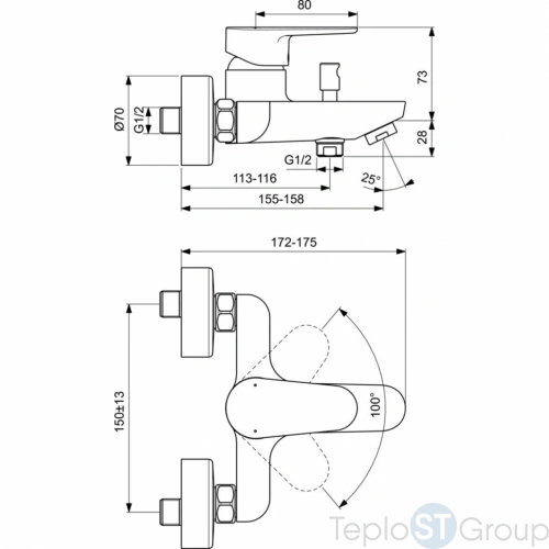 Смеситель для ванны/душа Ideal Standard CERAFINE O BC500XG настенный - купить с доставкой по России фото 3